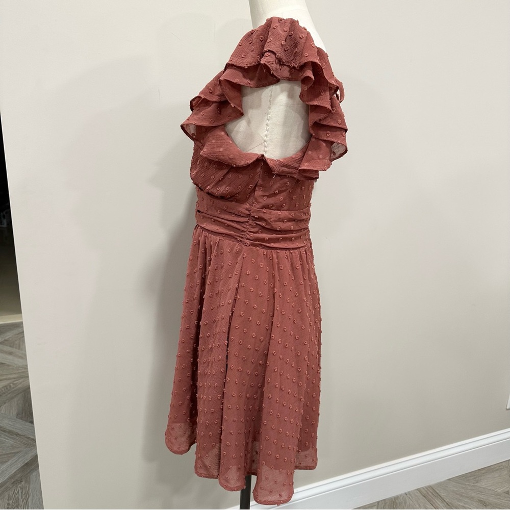 ALTAR’D STATE Swiss Dot Flutter Sleeve Mini Dress Dark Rose Color Size Medium - Picture 3 of 11